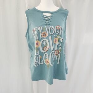 Weekend Soul Size XL Teal Lace-Up Tank Top with Floral Accents